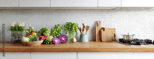 Fresh vegetables herbs and cooking utensils arranged on a kitchen countertop scene