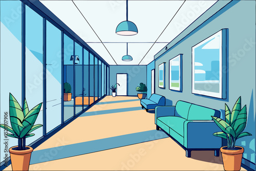 Office corridor, team space, work area, office decor, work atmosphere, office efficiency, work organization, team workspace, work productivity, work progress.