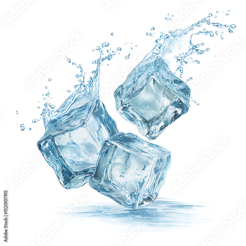 Refreshing water splashes and ice cubes floating against a bright white background