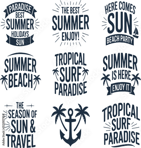 Nine summer vacation themed typography designs featuring palm trees, anchors, and sun-filled beach quotes ideal for t-shirts, posters, and more