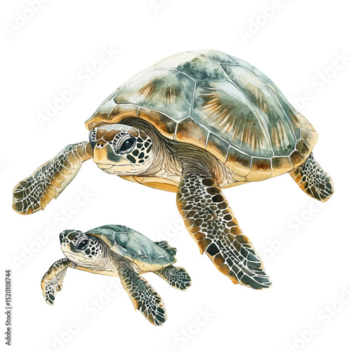 A Mother Turtle With Her Kid, watercolor painting vector, high quality, isolated on a white background.