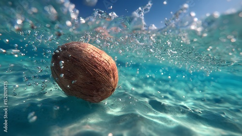 Coconut Floating in Turquoise Water with Bubbles on a Sunny Day