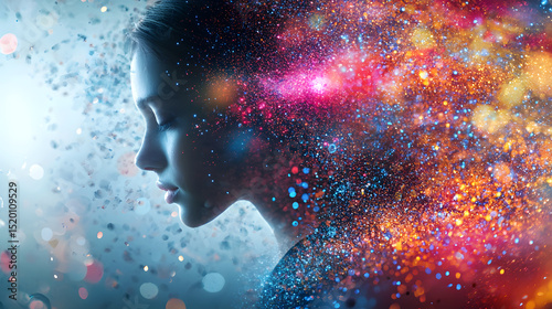 Ethereal beauty with Thoughtful: A dreamy portrait showcasing a pensive woman, her silhouette merging with a burst of vibrant, glittering particles.