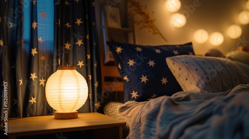 Serene bedroom ambiance featuring a warm lamp and starry night themed textiles