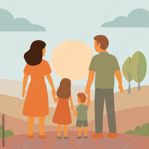 Parents with children holding hands watching sunset in nature. Vector stock illustration eps10. Adobe Illustrator Artwork