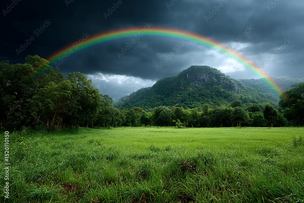 Naklejka premium Uplifting Beauty: Vibrant Rainbow Arc Over Lush Green Landscape