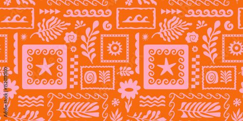 Vector hand drawn seamless pattern graphics with silhouette summer and vacation illustrations, print design template, tropical illustrations, frames and borders in simple trendy naive cut out style wi