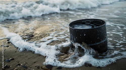 Black oil barrels on the beach