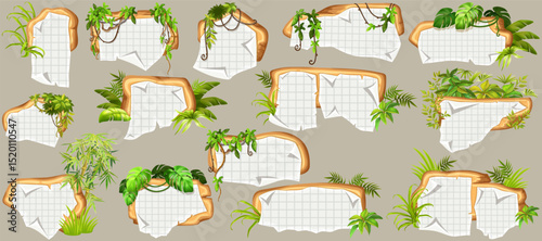 Game panels in jungle with liana branches and leaves, ivy. Set isolated wooden elements with old paper, with ragged square graph paper, school math sheet. Vector signboards with school page.