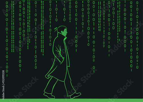 Person walking through binary code landscape