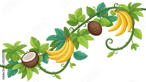 Cartoon illustration of a tropical vine with bananas, coconuts, and lush green leaves, isolated on white background