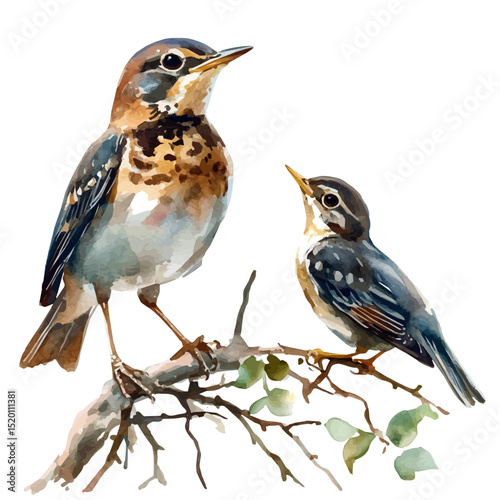 A Mother Thrush With Her Kid, watercolor vector, high quality, isolated on a white background.