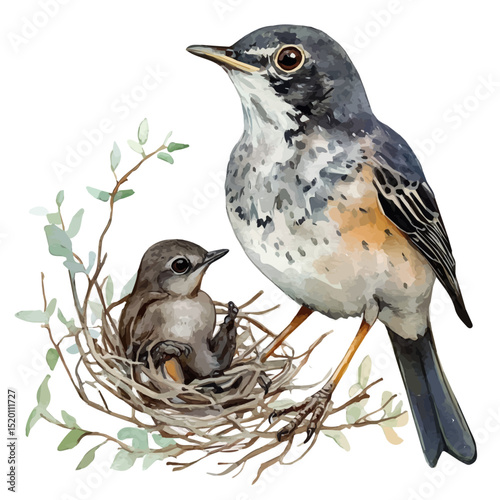 A Mother Thrush With Her Kid, watercolor vector, high quality, isolated on a white background.