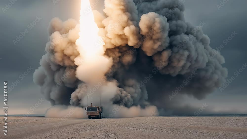 Rocket launch from self propelled mortar showcasing powerful ignition and smoke plume during military exercise