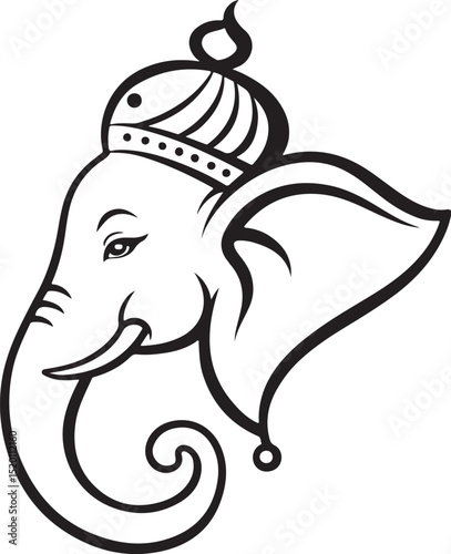 Hindu god shree ganesha Vector Illustration, Sketch Drawing Line Linear Symbol Icon Engraving Coloring Book, Hand-drawn Black and White Isolated