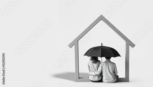 Couple sitting under an umbrella inside a house silhouette on a white background, with copy space