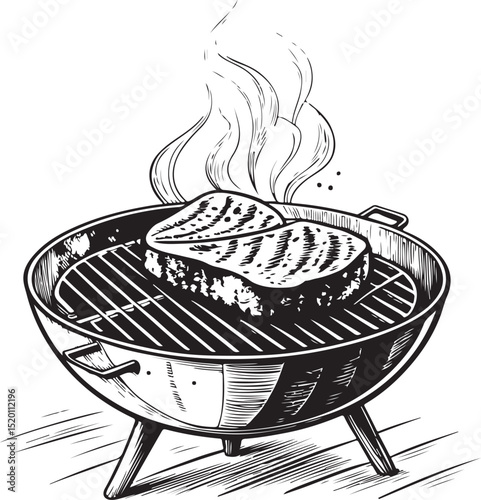 Filet mignon steak cooking on grill Vector Illustration, Sketch Drawing Line Linear Symbol Icon Engraving Coloring Book, Hand-drawn Black and White Isolated
