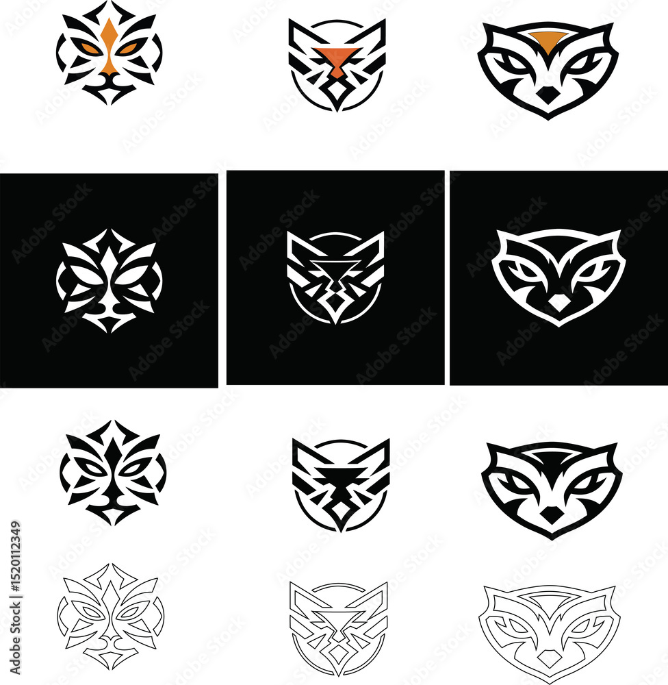 Fox, tiger, and cat vector icon set, collection of mask-type illustrations. Perfect for branding, events, or storytelling visuals. Fox, tiger, and cat vector icon set, collection of mask-type illustrations. Perfect for branding, events, or storytelling visuals.