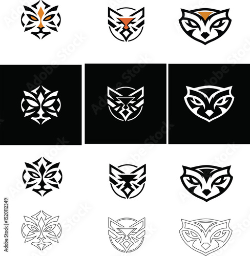 Fox, tiger, and cat vector icon set, collection of mask-type illustrations. Perfect for branding, events, or storytelling visuals.