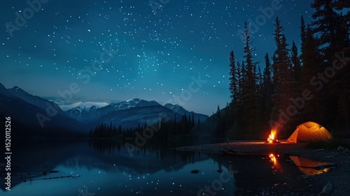 Starry night campsite amidst serene mountains and reflective lake scenery