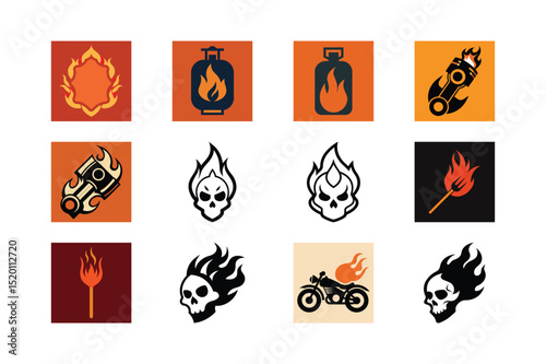 Vector set of fire icons with chrome button and arrow symbols