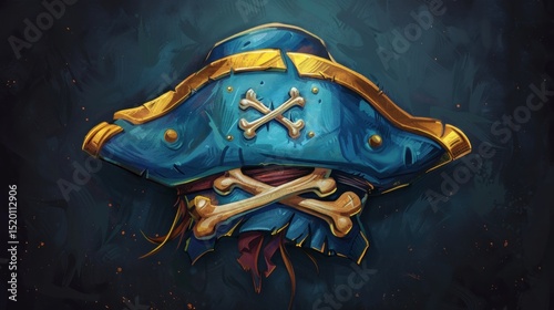 Stylized pirate tricorn with skull and crossbones emblem in rich blue and gold