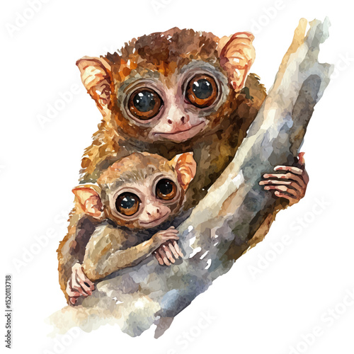 A Mother Tarsier With Her Kid, watercolor clipart vector, high quality, isolated on a white background.