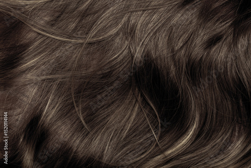 Brown hair close-up as a background. Women's long brown hair. Beautifully styled wavy shiny curls. Hair coloring. Hairdressing procedures, extension.