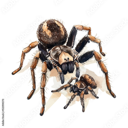 A Mother Tarantula With Her Kid, watercolor painting vector, high quality, isolated on a white background.