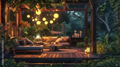 Luxurious outdoor lounge area. Terrace with pergola, rattan furniture and decorative lighting.