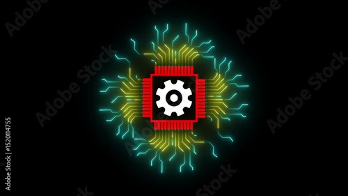 Electronic circuit board with settings icon. Moving electronic circuit animation on black background. setting icon futuristic neon circuit board animated flat style Processor chips background. 