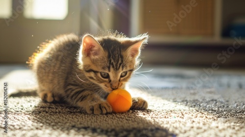 A cute kitten is playing with an orange ball.