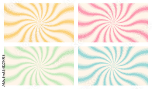 Groovy rainbow comic ice cream, gelato background in retro style, postcard with hand drawn stripes pistachio, blueberry, vanilla, strawberry rays radiating from center. Flat abstract texture. EPS10