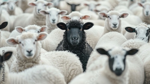 A black sheep among a flock of white sheep, raising its head as leader.