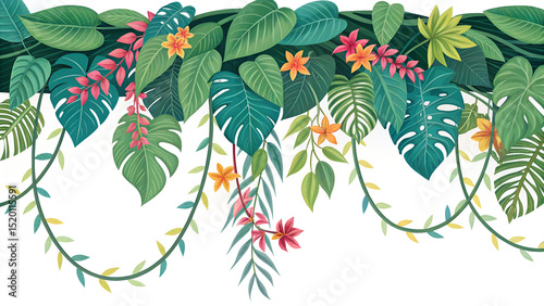 Tropical foliage with monstera leaves and colorful flowers isolated on white background