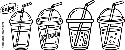 Iced Drink Cup Illustrations Set, Refreshing Bubble Tea & Cold Beverage Vector Art.