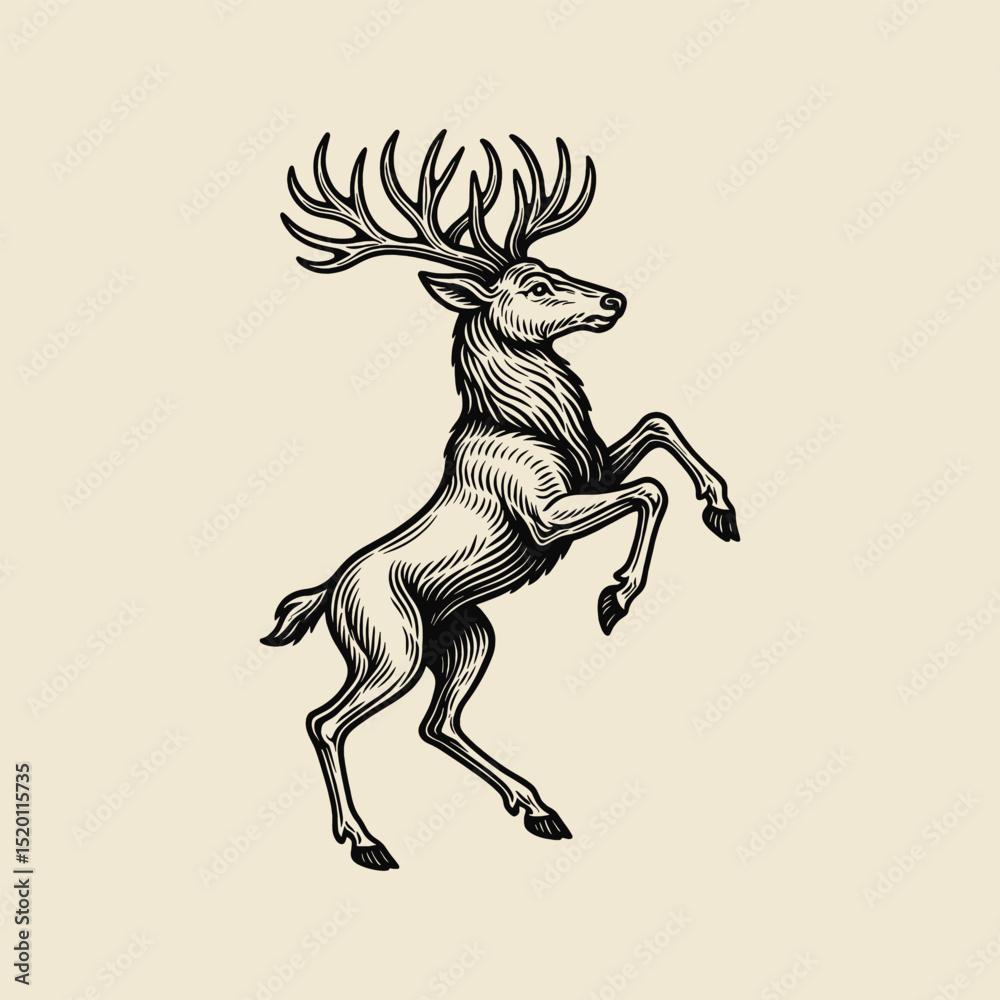 Fototapeta premium Rearing deer engraving emblem black and white vector illustration