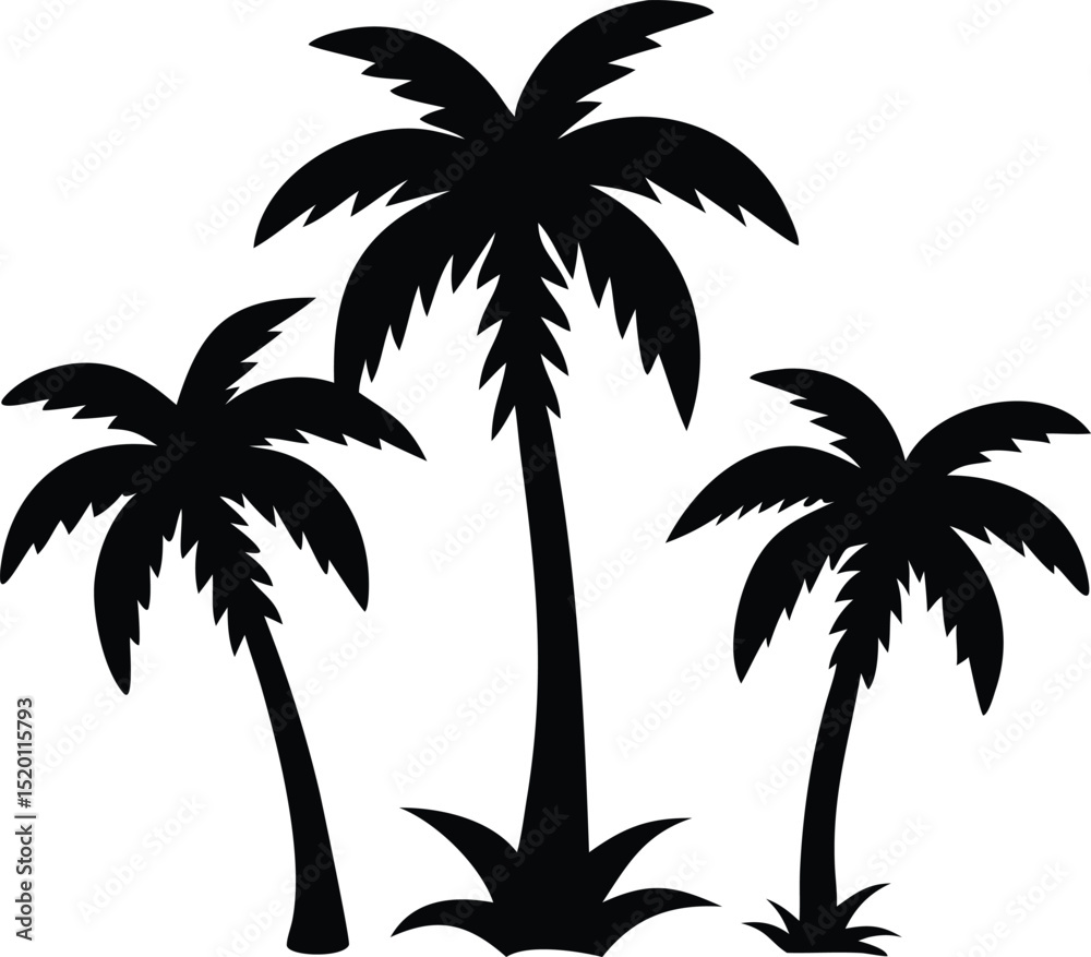 Naklejka premium Black Palm Tree Silhouettes Collection A set of tropical palm tree silhouettes for graphic design and artistic projects perfect for