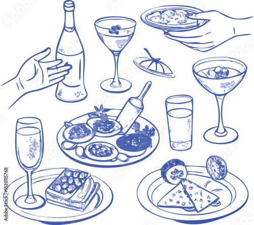 La dolce vita italian sicily style. Hand drawn ink line food and wine or champagne drawings. Sketch style lunch or dinner Illustrations for wedding invitations, cafe or restaurant menus and parties.