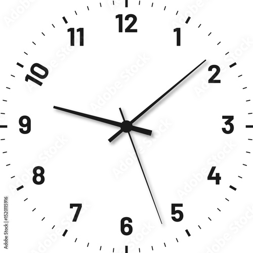 Modern clock face with numbers and clock hands. Blank clock dial with hours, minutes, and seconds hands. Vector