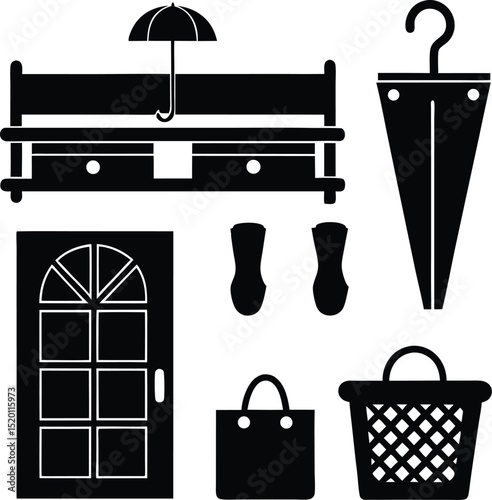 Silhouette vector icon set of entryway furniture and storage items including front door, umbrella, shoes, storage bench, and baskets, ideal for home decor, entryway design, and household layout themes