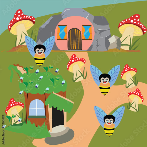 Fairy tale village with two building and smilling bees