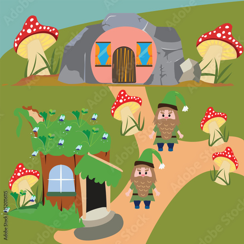 Fairytale village made of two magical houses and gnomes