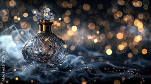 Ornate perfume bottle adorned with intricate silver carvings against bokeh backdrop