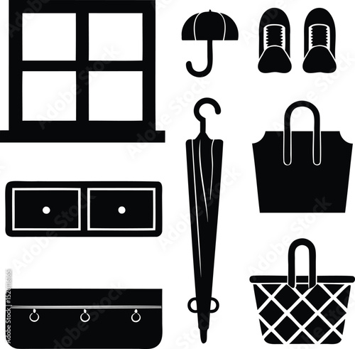 Silhouette vector icon set of entryway storage essentials including umbrella, window, shoes, hooks, tote bags, and coat hangers, ideal for household organization, decor visuals, and furniture catalogs