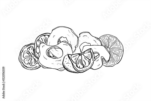 Vector illustration of dried apple slices with lemon and orange citrus heap. Autumn monochrome composition for food packaging, winter beverage branding, festive decoration, cozy seasonal design