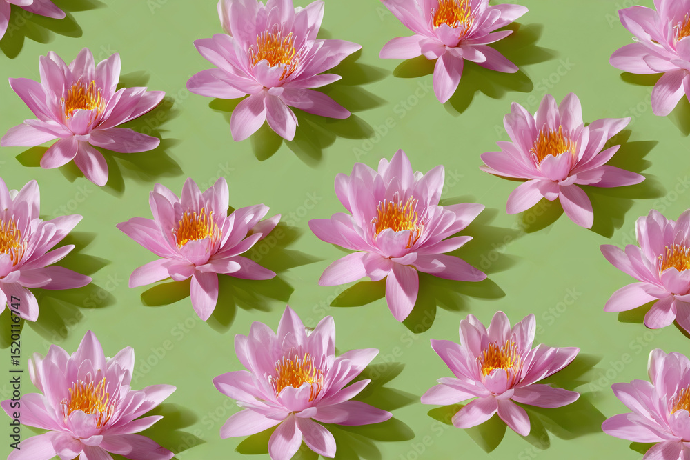 Obraz premium Pattern of pink lotus on green background. Pattern of identical pink lotus on a green background. Floral background. 