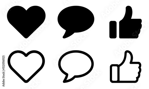 Like, Comment, Love Icons Set. Solid and Outline Social Media Symbols