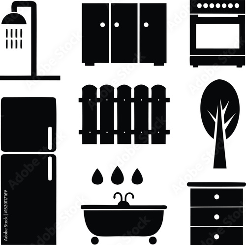 Silhouette vector icon set of home furniture and utilities including bathtub, shower, kitchen, fridge, wardrobe, tree, and drawers, ideal for interior design, architecture, and household illustration 