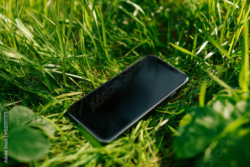 A cell phone with a black screen lies in the grass. A cell phone with the screen turned off against the grass. 